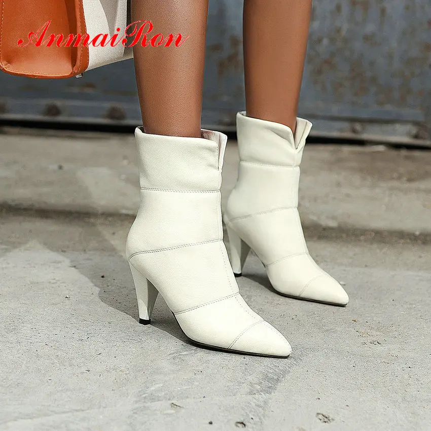 

Женские ботильоны из ПУ кожи ANMAIRON, зимние ботинки на высоком каблуке, с острым носком, на квадратном каблуке, с плюшевой подкладкой, 2019