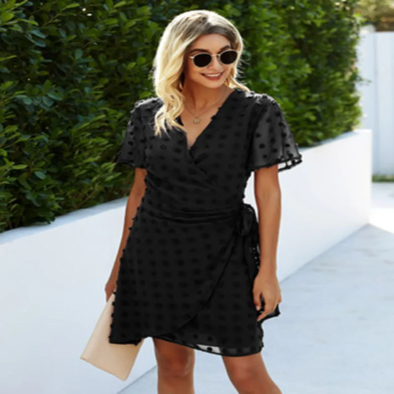 

Summer women's street solid color casual loose irregular knee length skirt fashion spot V-neck bandage Beach Women's dress