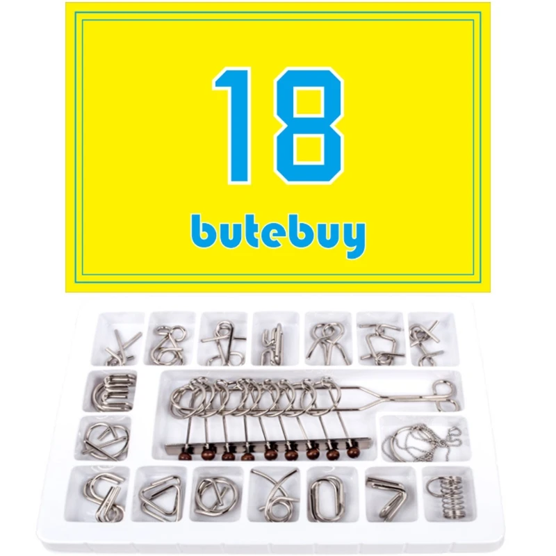 

Butebuy 18Pcs Metal Wire Puzzle Set IQ Mind Brain Teaser Link Unlock Interlock Game Gifts for Kids Eeducational Adults Challenge
