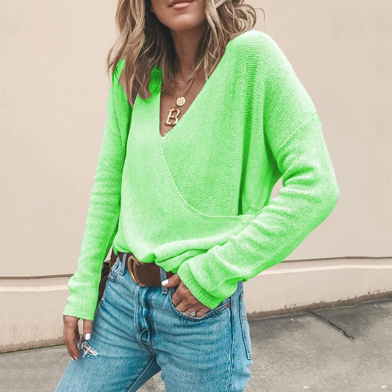 

Women Long Sleeve Sweater Top V Neck Loose Fashion Sueter Mujer Pullover Clothes Casual Autumn Winter Streetwear