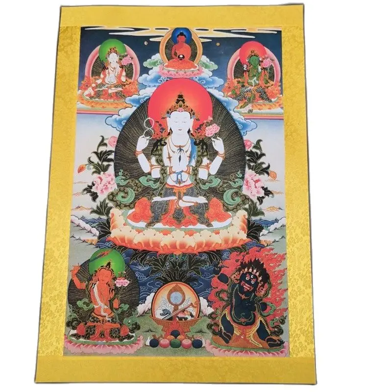 

China Old Tibet Silk Thangka Like Hanging Painting Fengshui Four Arm Guanyin Portrait