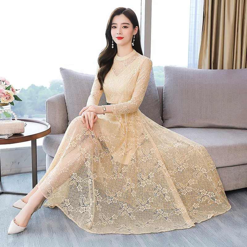 Осеннее кружевное сексуальное платье с высокой талией приталенный пояс