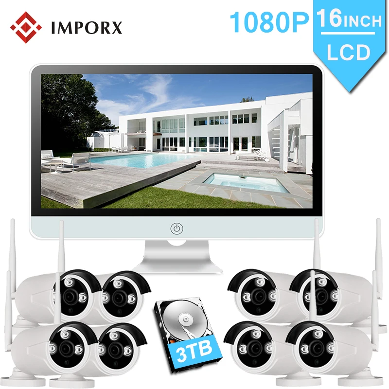 2 МП 1080P Аудио 8CH Беспроводной NVR комплект IP66 водонепроницаемый 16 &quotЖК монитор