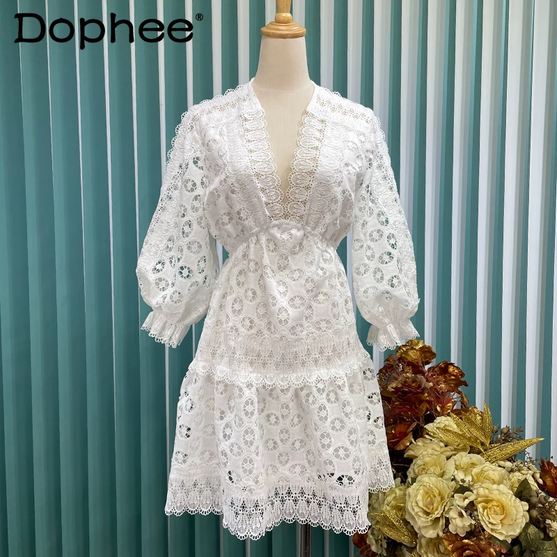 

Женское кружевное мини-платье, винтажное элегантное ажурное платье с цветочным принтом и глубоким V-образным вырезом, облегающее вечернее п...