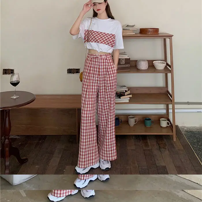 

Summer Outfits two-piece women Joker foreign style short drawstring short sleeve T-shirt loose check casual wide leg pants tide