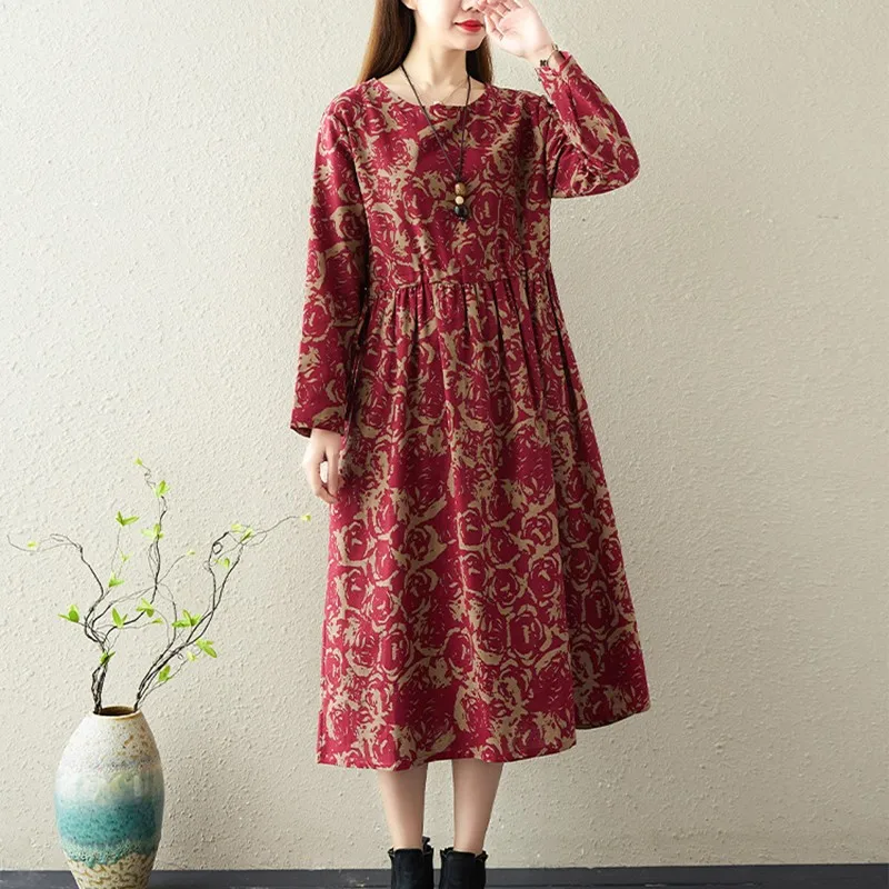 

Women Cotton Linen Casual Dress New Arrival 2021 Autumn Arts Style O-neck Vintage Print Loose Ladies A-line Long Dresses B1190