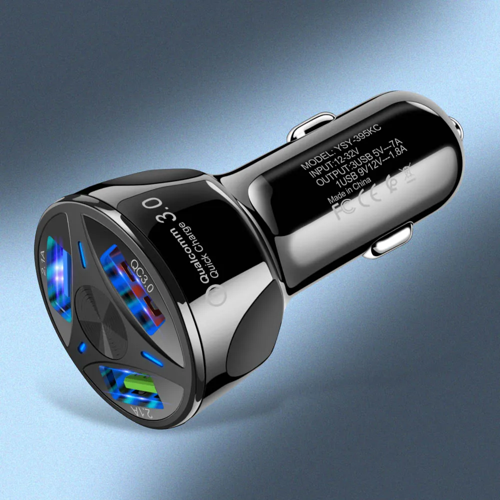 3 Port Car Charger Автомобильное зарядное устройство с 4 usb-портами, быстрая зарядка 3,0, автомобильное зарядное устройство с кабелем 1,7 м для планшета, смартфона iPhone X 8 7, расширенный адаптер QC 3,0 - Тип штекера: 3 Port Car Charger