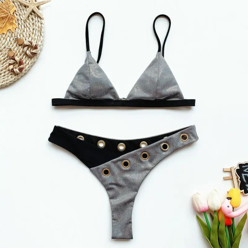 Женский блестящий серебристый купальник 2020 года бикини с эффектом пуш ап