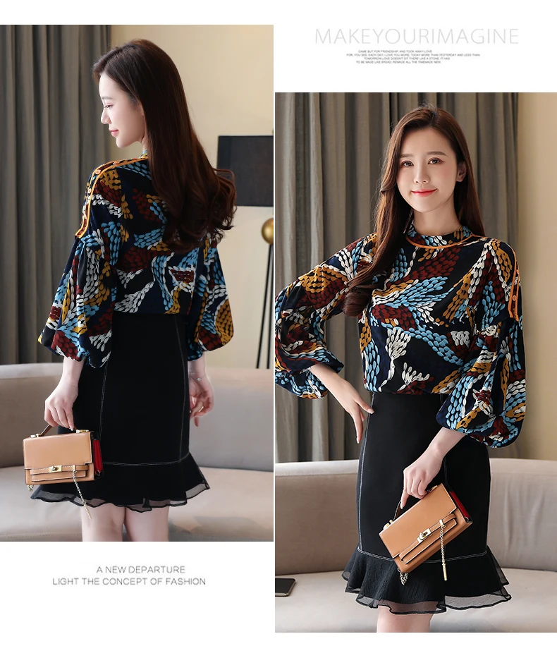 

Houthion Silk Women's Blouses Printed Shirt Casual Long Sleeve Top Loose Summer Chiffon Fashion Blouse Office Lady Full