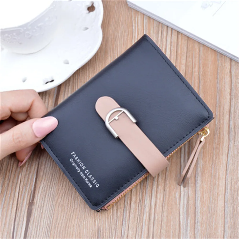 

Ladies Wallet Short Zipper Soft Leather Wallet Female Students Korean Drawstring Buckle Coin Purse Card Holder Zipper Pocket