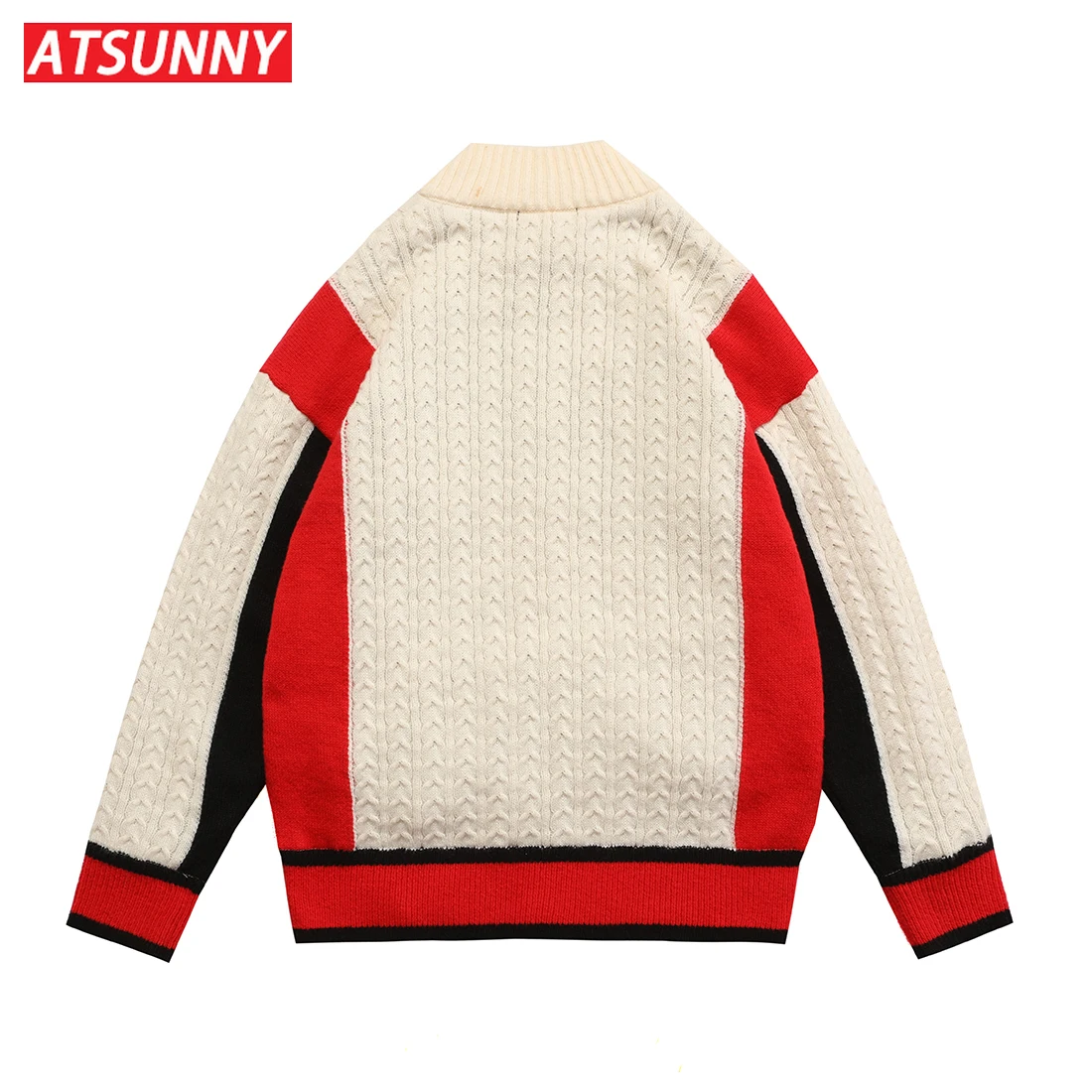 ATSUNNY American Streetwear Retro Sweater Stitch Color Campus Style Quilted Jacket Harajuku Style Man Autumn and Winter Clothes