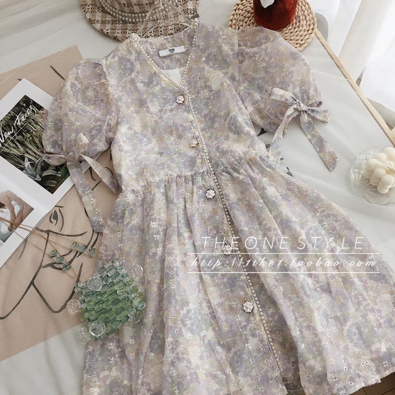 

Sweet Girl Dress French Design Bubble Sleeve V-Neck Princess Dress Chiffon Elegant Print Pearl Knee Length Summer Dresses