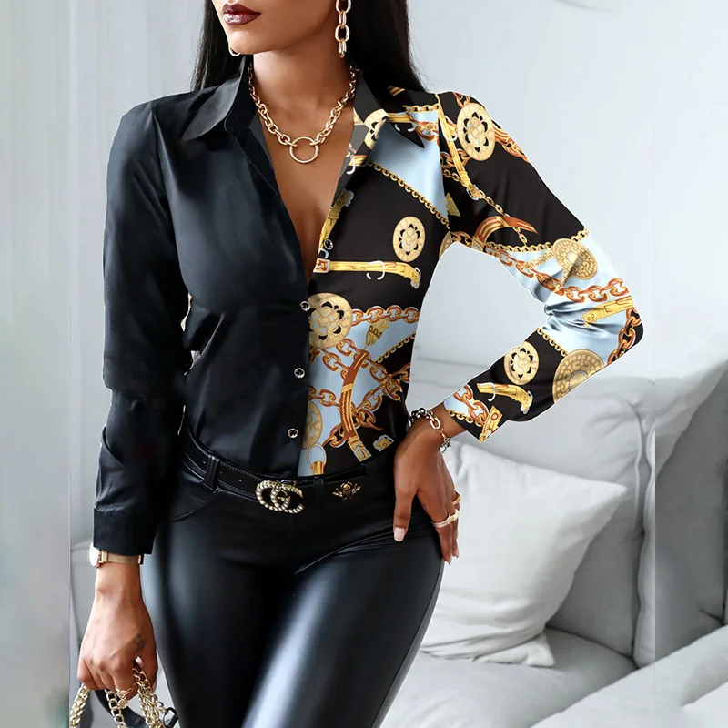 

2021 Women Fashion Shirt Lady Long Sleeve Blouse Turn-down CollarButton Design Print Casual Shirts