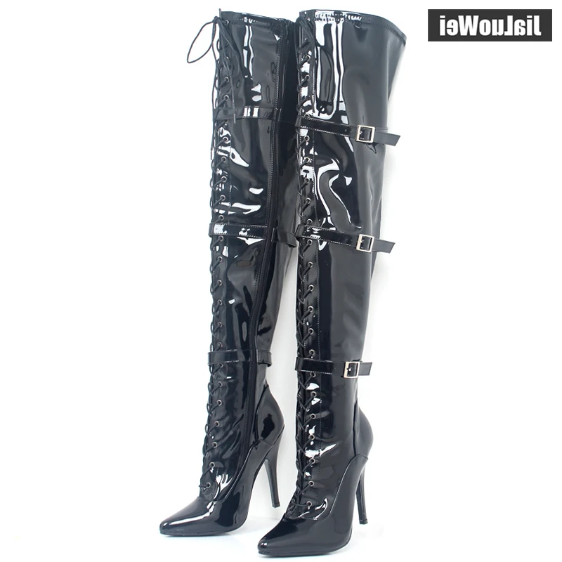 Ботфорты выше колена с острым носком лакированные ботфорты на тонком каблуке 12