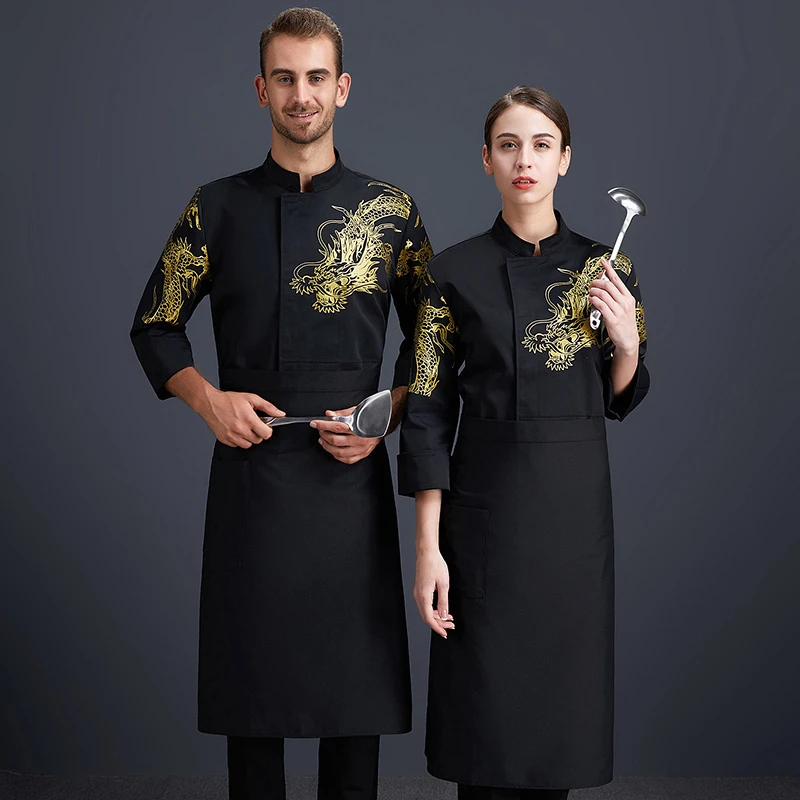 Single-breasted Dragon Print White Long Sleeve Chef Uniform Unisex High-quality Overalls Cafe Cafeteria Haird Salon Waiter Shirt |