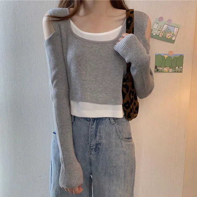 

2021 Spring and Autumn Women's New Shoulder Long Sleeve T-shirt Women's Slim Fit Short Net Red ins Design High Waist Jacket