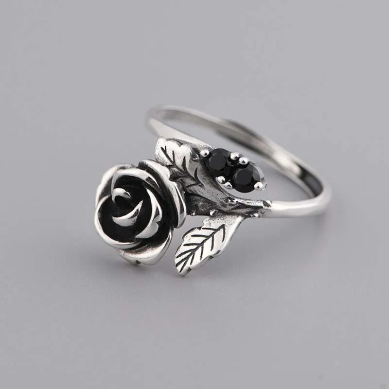 

Vintage 925 Sterling Silver Vintage Rose Leaf Engrave Finger Ring Girl Women Romantic Rose Ancient Adjustable Open Cuff Ring
