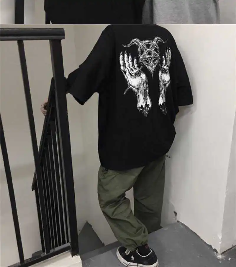 

NiceMix Girls Harajuku Loose Short Sleeve Women T-shirts Devil Star Hand Print Women T Shirt Crew Neck Lady T-shirt Top Tees