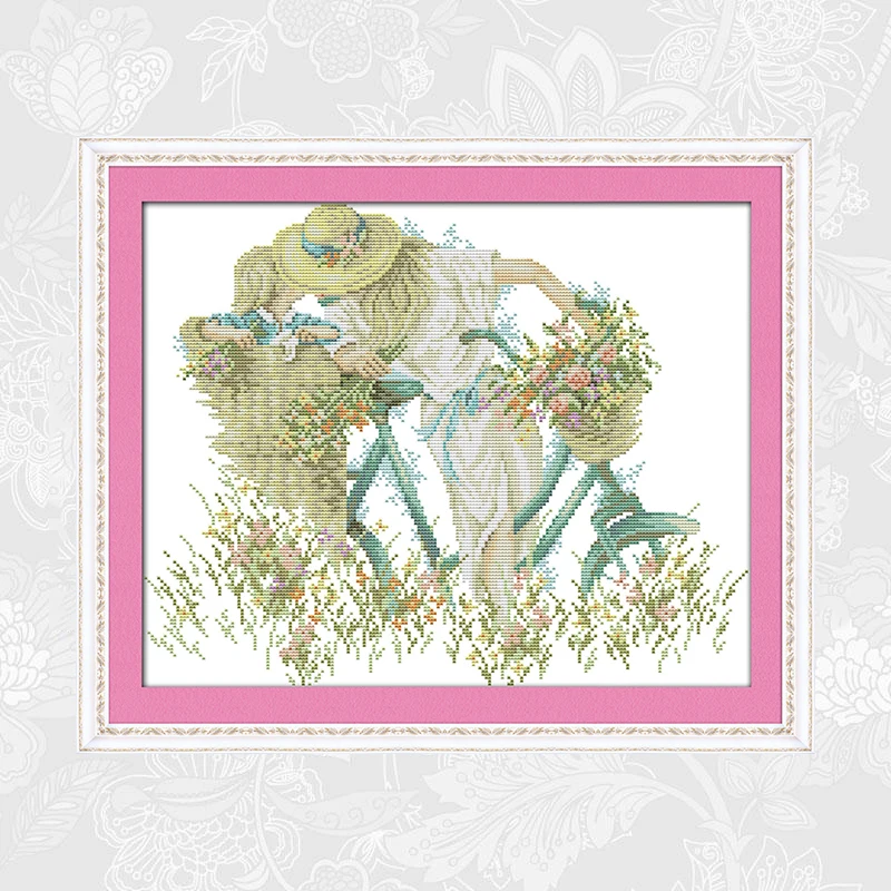

Mother and daughter with bike Cross Stitch Pattern Printed Canvas Cross Stitch Kits DIY Handmade Embroidery Sets Needlework