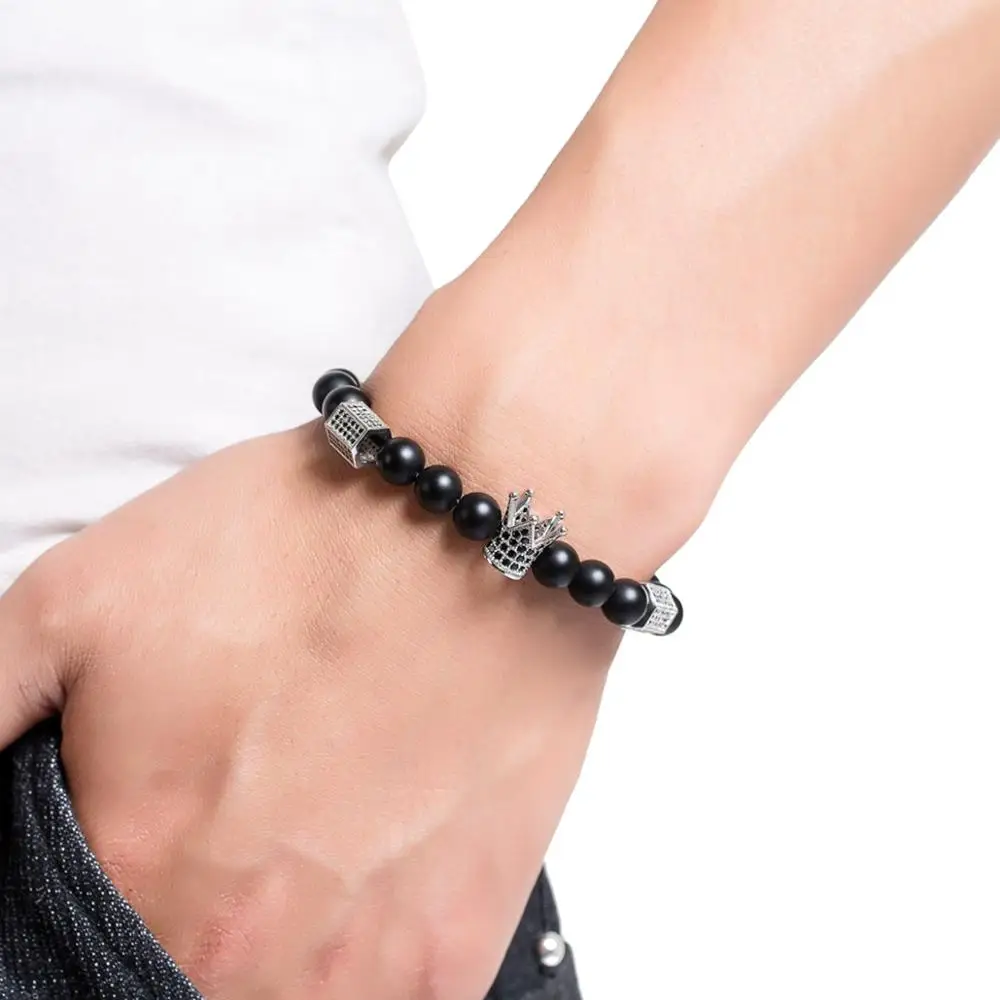 Матовый черный оникс Корона плетеный браслет Мужская мода женщин подарок для