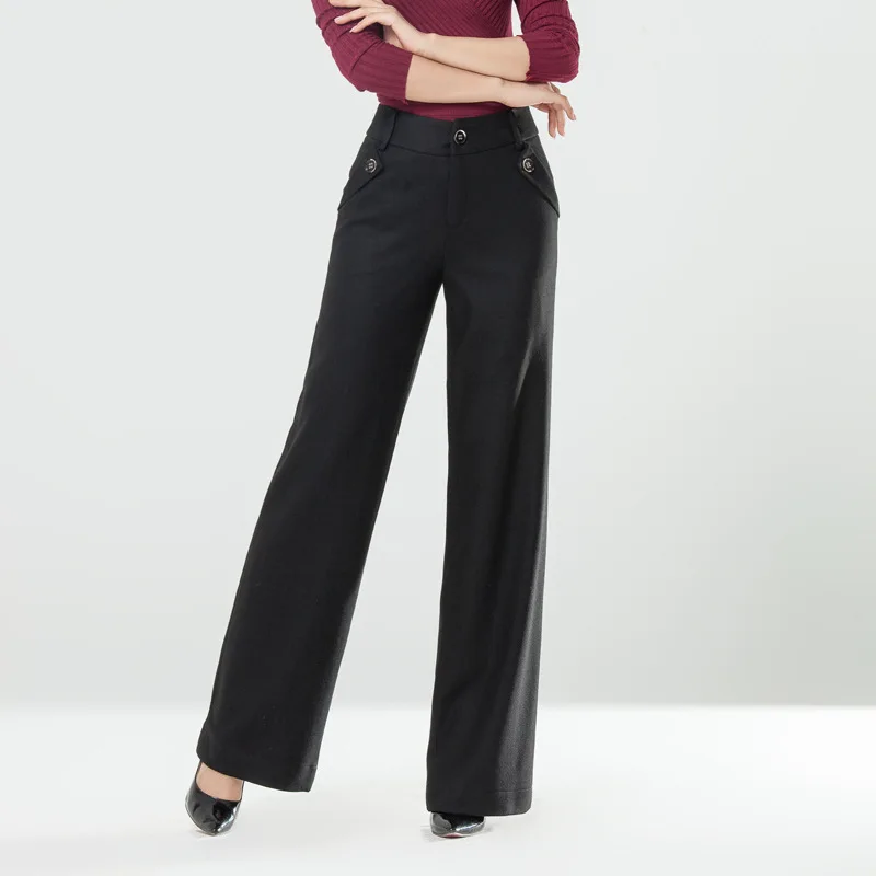 

New Women Woolen Wide-leg Pants Casual Middle Waist Winter Loose Thicken Warm Wool Trousers Plus Size Button Details S 4XL