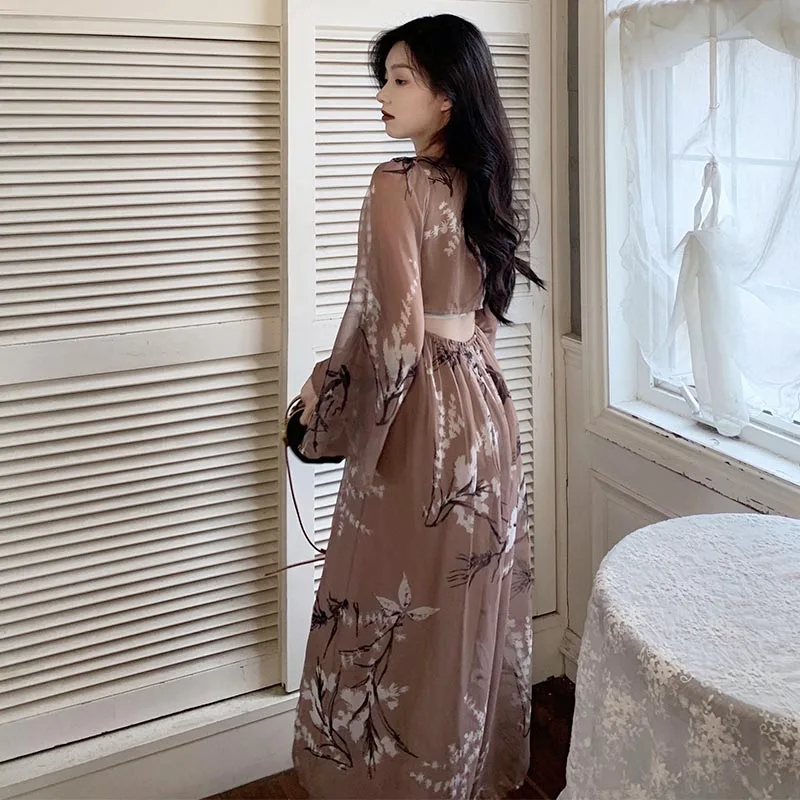 

French Vintage Floral Print Dress Women Korean Designer Chiffon Long Dress Female Outdoor Holiday Summer Retro Party Dress 2021