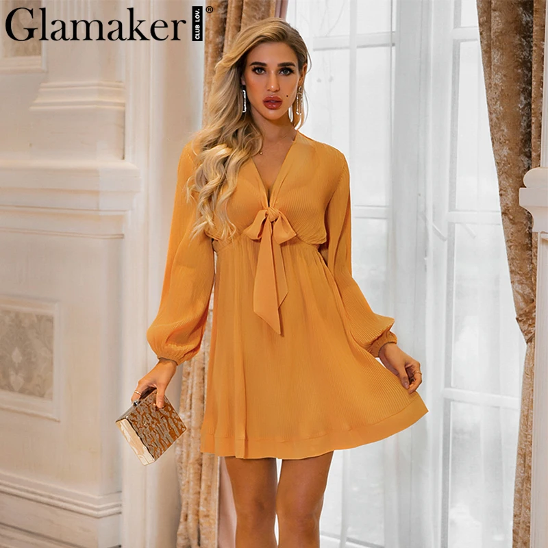 Женское шифоновое короткое платье Glamaker элегантное желтое плиссированное с v