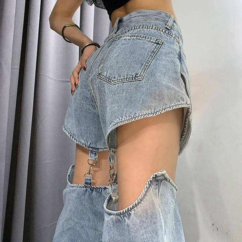 

Джинсы женские с металлической пряжкой, модные брюки из денима в стиле хип-хоп, с разрезом, брюки с завышенной талией в стиле хиппи, уличная о...