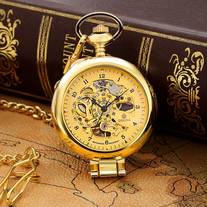 Gorben Golden Mechanical Pocket Watch Men Fashion Retro Casual Skeleton Dial Silver Hand Wind Male Fob Chain Watches