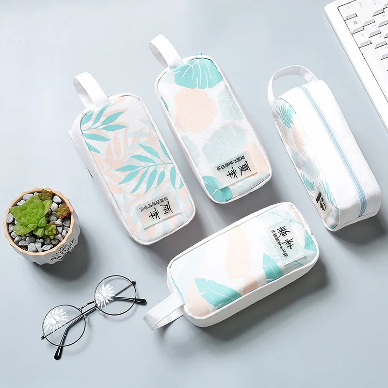 Милый чехол для карандашей с листьями кавайный холщовый ручек вместительная