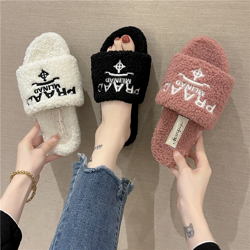 

Женские брендовые тапочки высокого качества из натуральной шерсти, роскошные дизайнерские тапочки с носком, однотонные пушистые тапочки с ...