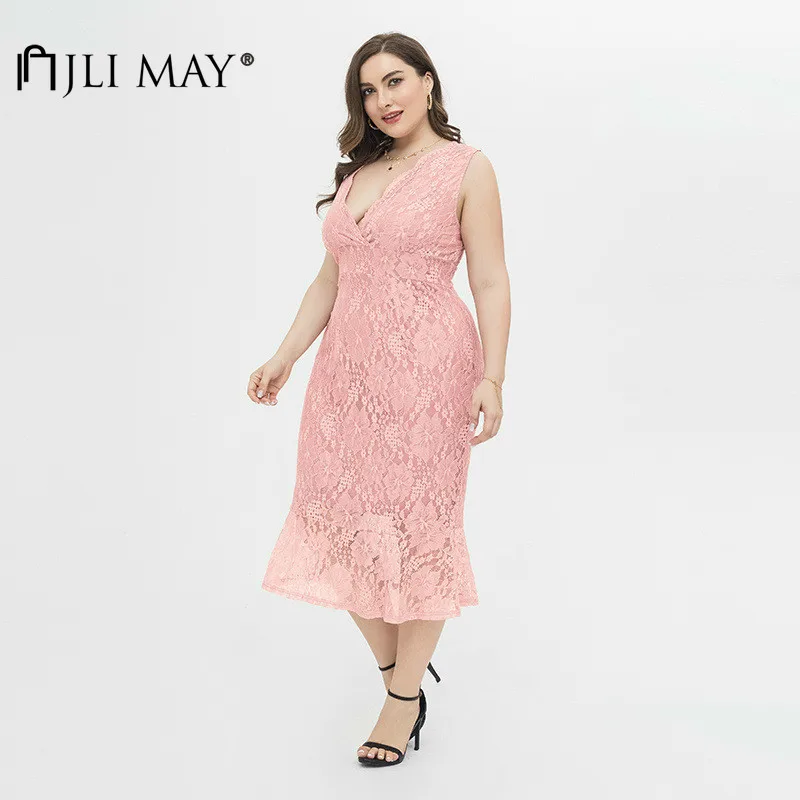 Платье JLI MAY женское однотонное с V-образным вырезом ажурное милое пикантное