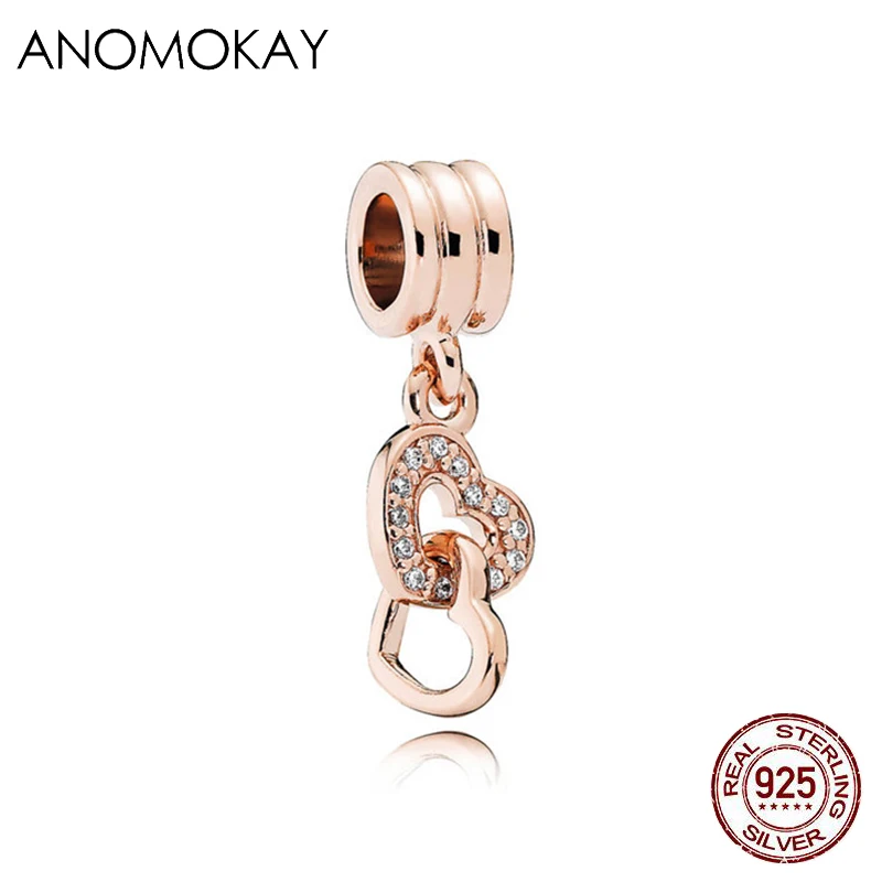 Anomookay, Стерлинговое серебро 925, смешанный стиль, розовое золото, сердце, дерево, цветок, подвеска, подходит для браслета Пандора, S925, Шарм для DIY ювелирных изделий