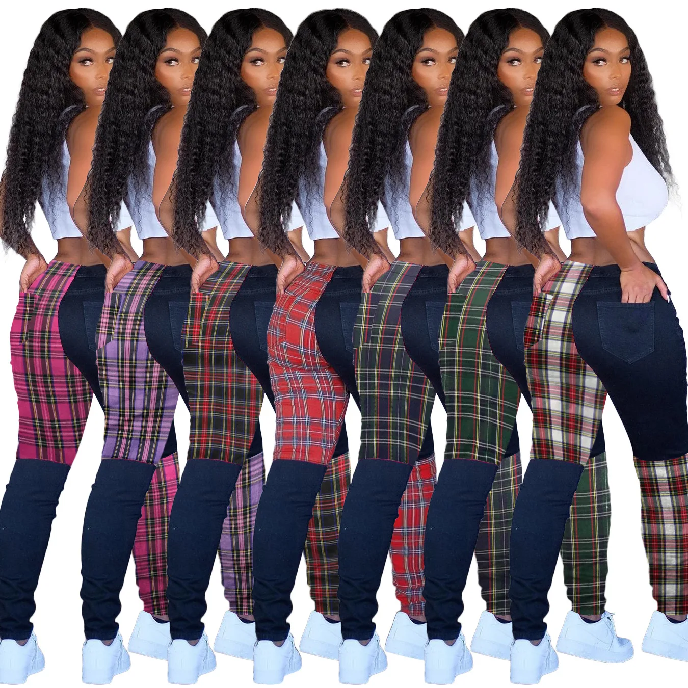 

Casual High Waist Splicing Plaid Pants Women Fall Sweatpants Joggers Elastic Fashion Strech Bottom Trousers Leggings Plus Size