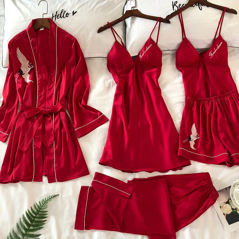 Корейский Элегантный пикантный кружевной Шелковый костюм из 5 предметов