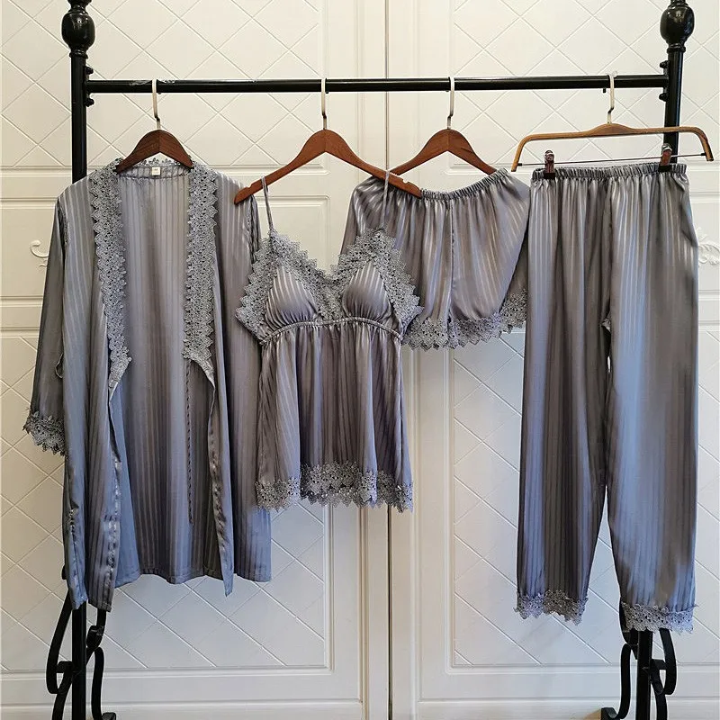 

Sexy Sleepwear Satin 4PCS Set Pajamas For Women Striped Kimono Gown Lace Patchwork Nightwear Pyjamas Soft Intimate Lingerie
