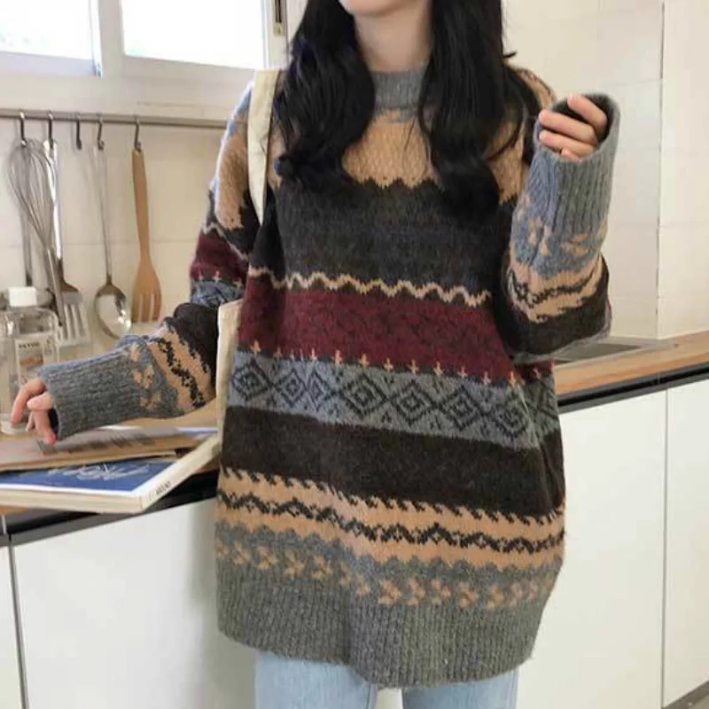 

Pullovers Women Vintage Loose Casual Sweaters Geometric Female Harajuku Korean Fashion Womens Striped Sweater Streetwear Y2k