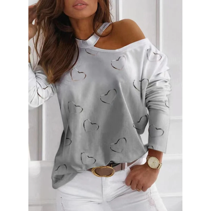 

BiShan Women Sexy Elegant Halter Shirt Women Heart Shape Print Long Sleeve Casual Tops Pullovers Lady Off Shoulder Spring Top