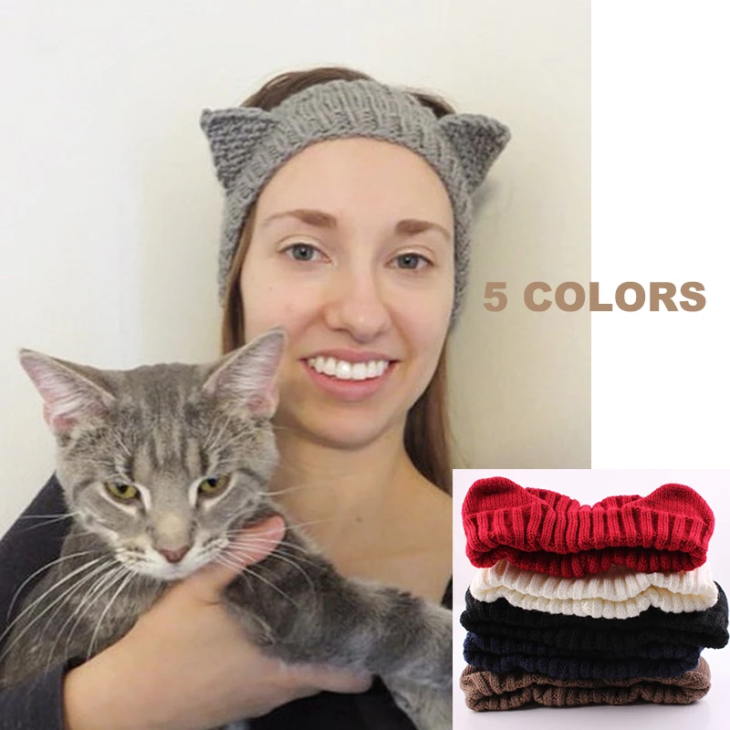 Cute Cat Ears Wool Wide Hair Band Knitted Fashion Headband Accessories Stretch Female Hood 5 Colors On - Милые ушки кота шерстяная широкая головная повязка вязаная модная головная повязка аксессуары растяжимый женский капюшон 5 цветов на.