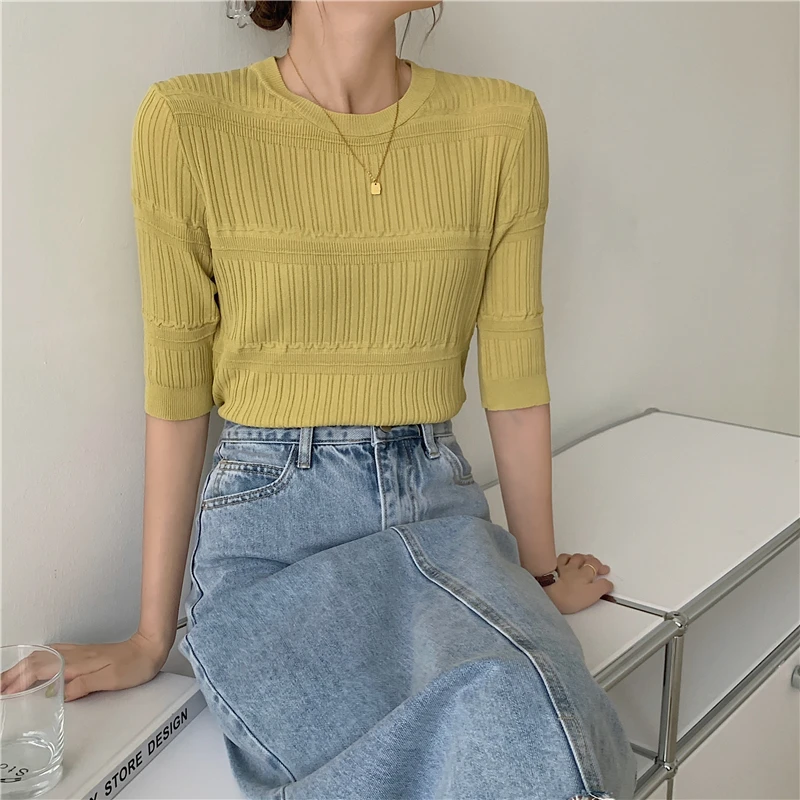 

Alien Kitty 2021 New Summer Sweet Girls Chic Casual All Match Ruffle Blouses Office Lady Knitted Shirt Short Solid Slim Half