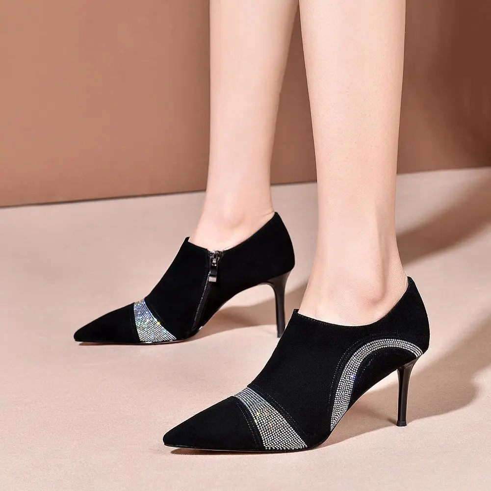 

KARINLUNA Fashion Female High Thin Heels Crystal Pumps Kid Suede Genuine Leather Pointed Toe Pumps Women Spring Shoes Woman