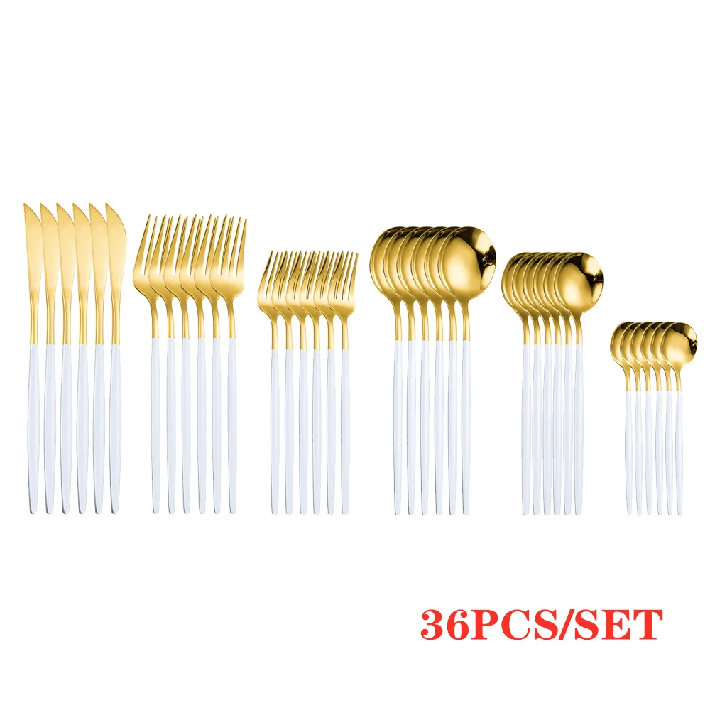 

Gold Cutlery Sets White Handle Flatware Set Golden Spoons Forks Knives Chopstiacks Cutlery Set Stainless Steel Dinnerware Sets