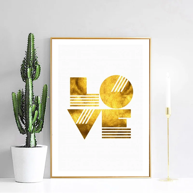 

Nordic Modern Canvas Painting Golden Line Letters LOVE Landscape Decoration Painting For Living Room Background TV Wall Art