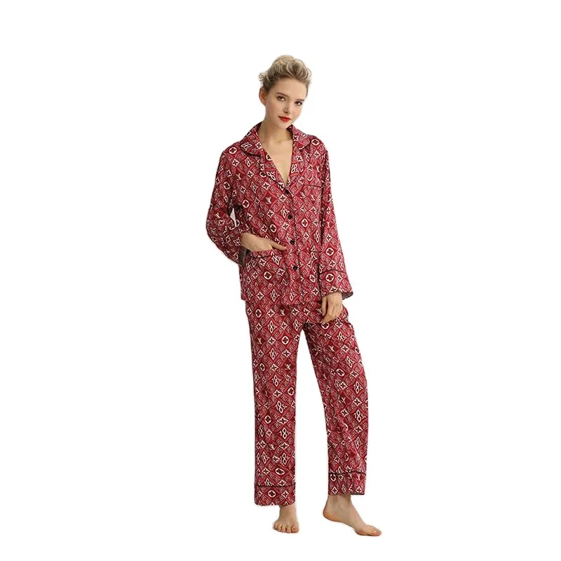 

Maison Gabrielle 2021 Spring Summer New Printed Silk Satin Pajamas Set Sleepwear Loungewear for Women Pyjama Femme 2 Pieces Long