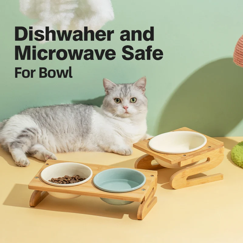 

Cat Dog Bowl Puppy Food Water Container Storage Feeding Accessories With Bamboo Wooden Stand For Animals Bowls