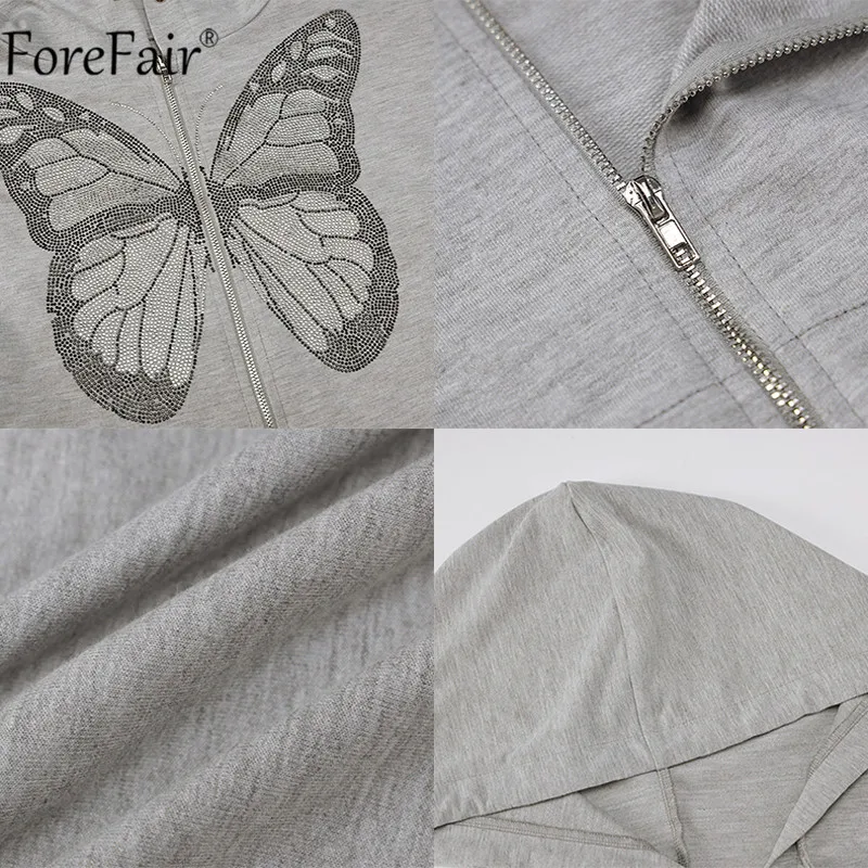 

Forefair Long Sleeve 2020 Autumn Winter Women Casual Sweatshirt Hoodies Butterfly Print Zipper Loose Hoodies Gray Sweatshirts