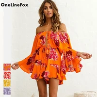 onelinefox womens floral print tie waist ruffle sexy long sleeve playsuit off shoulder one piece romper jumpsuit strapless