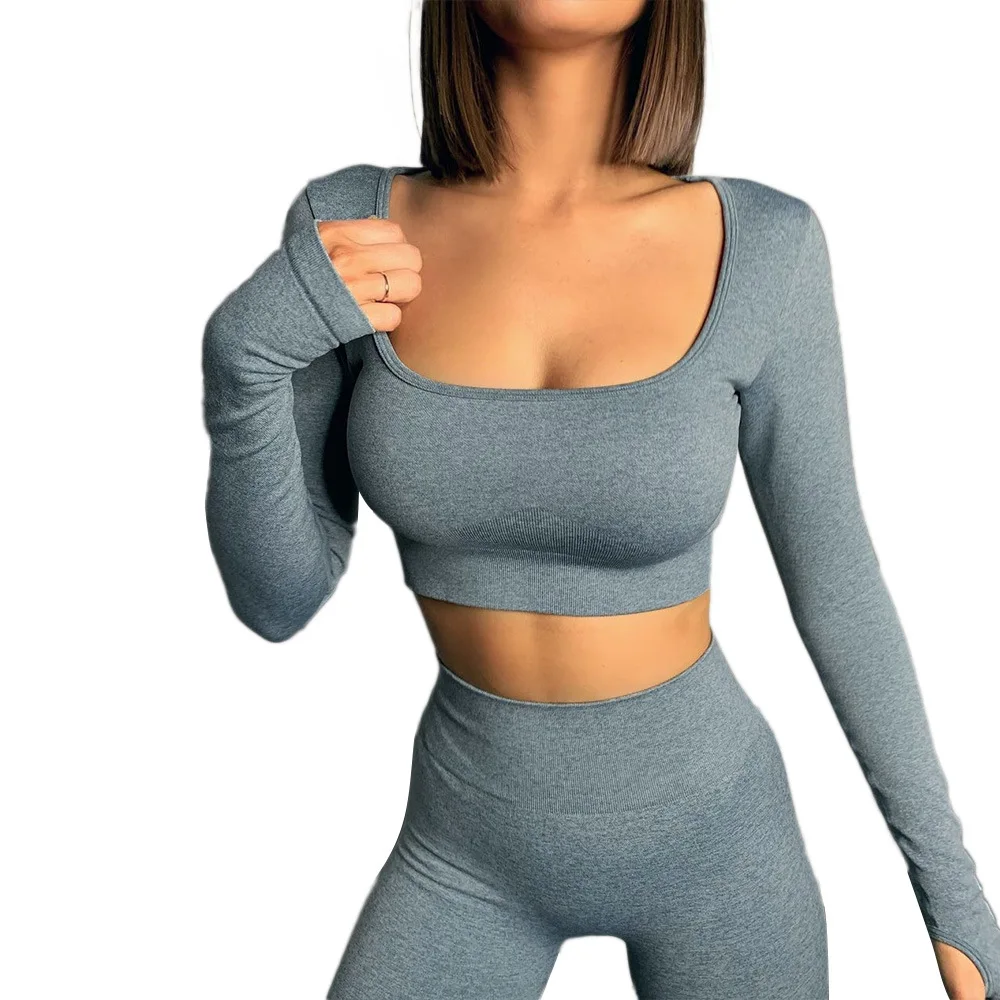 

Workout Suit Women Seamless Activewear Tummy Control Yoga Leggings Fitness Tracksuit Athletic Long Sleeve Crop Shirts Sportswear