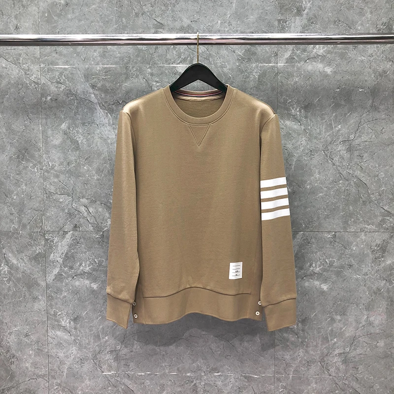 

TB THOM Sweatshirt Spring Autumn Hoodies Fashion Brand Men's Clothing Cotton Khaki 4-Bar Stripe Jersey Pullovers TB Sweatshirts