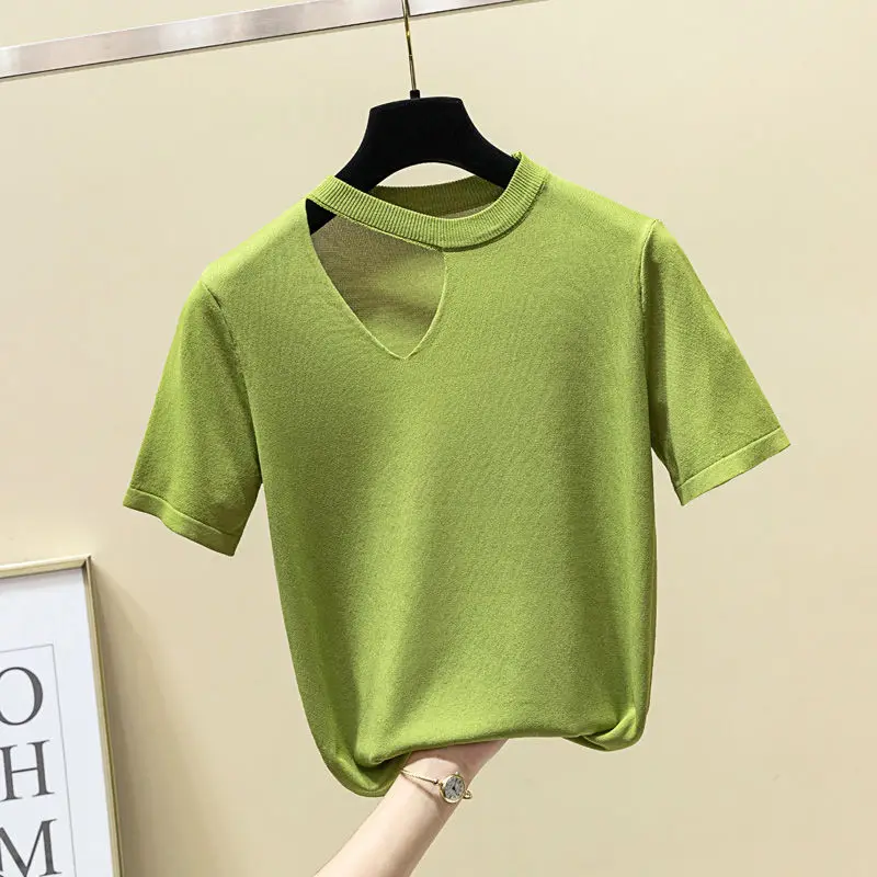 

Off Shoulder Tops For Women Korean Style Knitted T Shirt Summer Short Sleeve Avocado Green Ladies Short Sleeve Casual White Gray